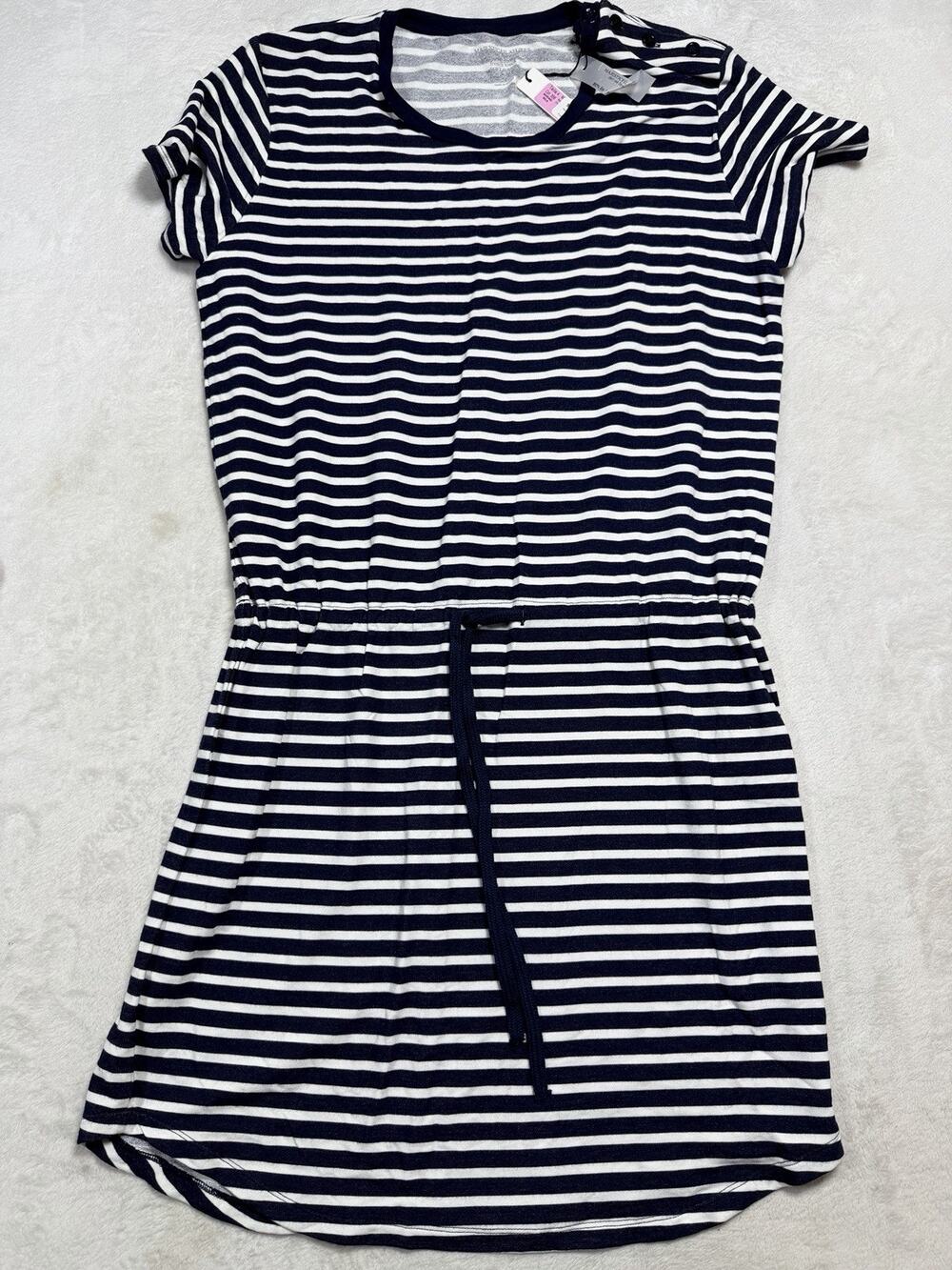 Majestic Filatures Linen Dress NWT Navy Stripe Shoulder Button French Chic Sz L